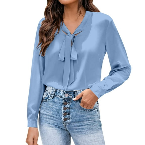 DuoJiaJ Blouses For Women Dressy Bow Tie Neck Long Sleeve Work Shirt Formal Casual Wear Women's Oversized Shirts Blue L