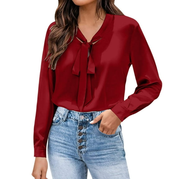 DuoJiaJ Blouses For Women Dressy Bow Tie Neck Long Sleeve Work Shirt Formal Casual Wear Women's Work Shirts Red L