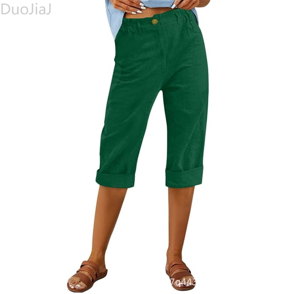 DuoJiaJ Capri Pants for Women 2025 Summer High Waist Casual Capris Straight Wide Leg Cotton Linen Pants Green XXL