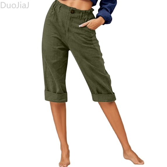 DuoJiaJ Capri Pants for Women with Pockets Elastic Waist Cropped Work Pants Green XL