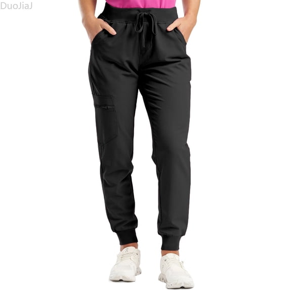 DuoJiaJ Cargo Scrub Pants For Women Jogger Style High Waisted Drawstring Outdoor Athletic Hiking Pants W/Pockets Women's Jogger Pants Black L