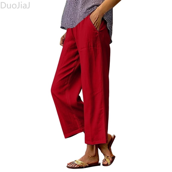 DuoJiaJ Casual Linen Wide Leg Pants Loose Fit High Waist Comfortable Trousers For Everyday Wear Women's Wide Leg Pants Red M