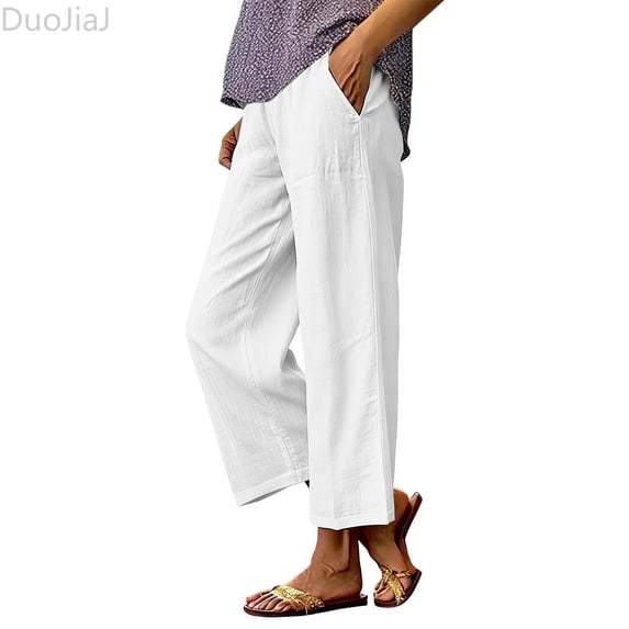 DuoJiaJ Casual Linen Wide Leg Pants Loose Fit High Waist Comfortable Trousers For Everyday Wear Women's Wide Leg Pants White L