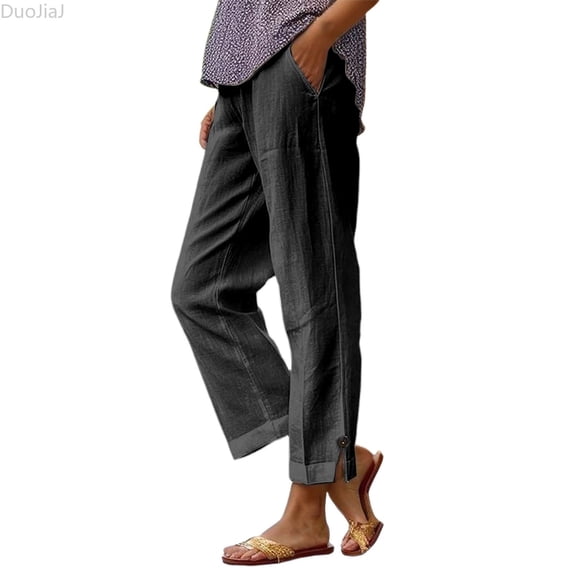 DuoJiaJ Casual Loose Fit Straight Leg Pants Elastic Waist With Pockets Soft Linen Blend Comfortable Trousers For Everyday Wear Women's Wide Leg Pants Black XXXL