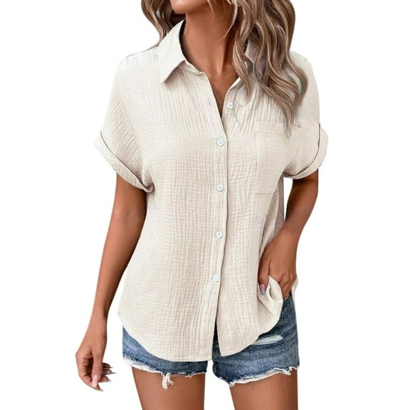 DuoJiaJ Casual V Neck Button Down Shirts for Women Solid Short Sleeve Blouse Tops Beige M