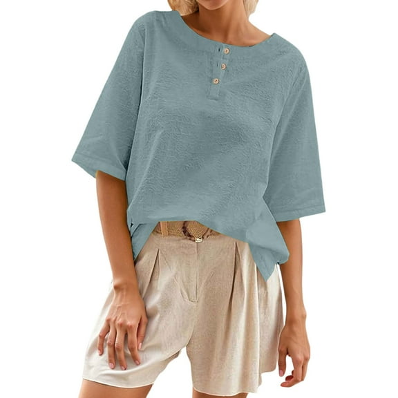 DuoJiaJ Casual Women's T Shirts Classic Round Neck With Button Detail Short Sleeve Comfortable Everyday Wear For Spring And Summer Cropped Tops for Women Blue S