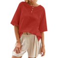 thumbnail image 1 of DuoJiaJ Casual Women's T Shirts Classic Round Neck With Button Detail Short Sleeve Comfortable Everyday Wear For Spring And Summer Cropped Tops for Women Red L, 1 of 4