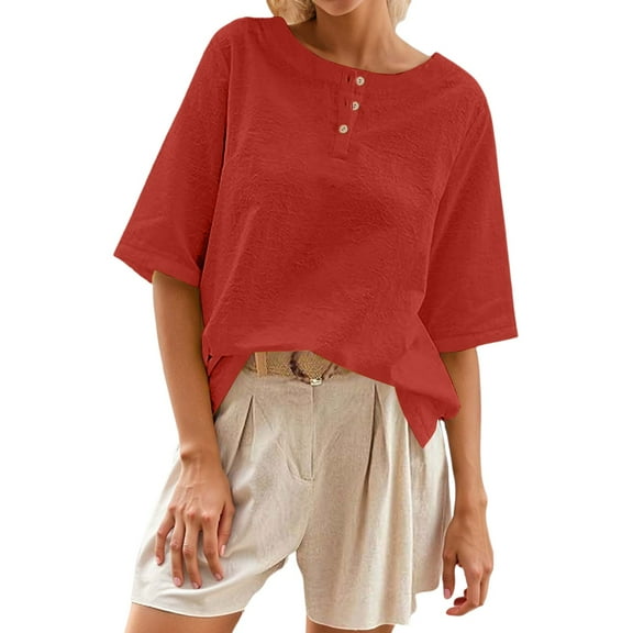 DuoJiaJ Casual Women's T Shirts Classic Round Neck With Button Detail Short Sleeve Comfortable Everyday Wear For Spring And Summer Cropped Tops for Women Red L