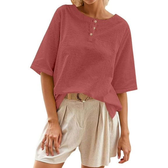 DuoJiaJ Casual Women's T Shirts Classic Round Neck With Button Detail Short Sleeve Comfortable Everyday Wear For Spring And Summer Cropped Tops for Women Red XL