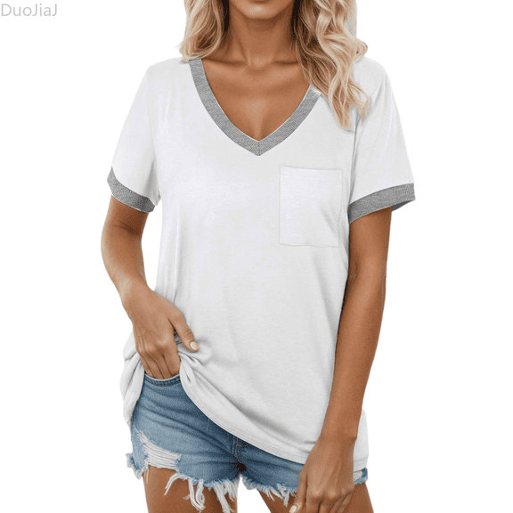 DuoJiaJ Casual Women's T Shirts V Neck Pocket Short Sleeve Top For Everyday Wear With Stylish Contrast Trim Linen Tops for Women White M