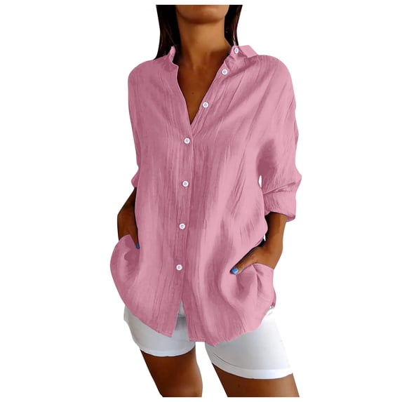 DuoJiaJ Classic Pleated Textured Single Breasted Lapel Shirt For Women Summer Lightweight Roll Up Sleeve Button Blouses Women's Linen Shirts Pink XXL