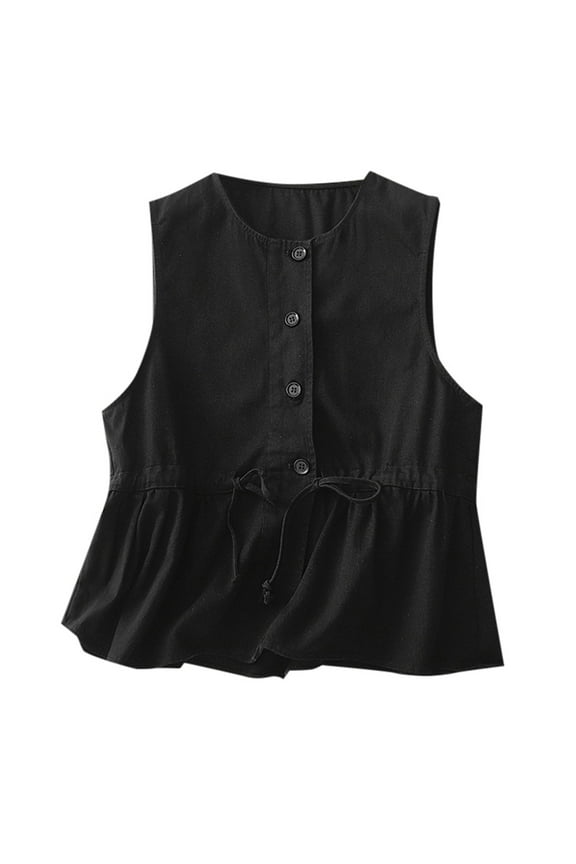 Cotton Vest Jacket Women's New Loose Fitting Slimming And Age Reducing Round Neck Ruffled Edge Design Sense Top Women’s Workout Tops Black