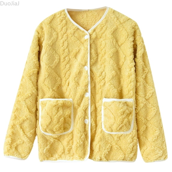 DuoJiaJ Cozy Coral Sleepwear Thickened Soft Flannel Cardigan Outerwear Wear Womens Sleepwear Yellow L