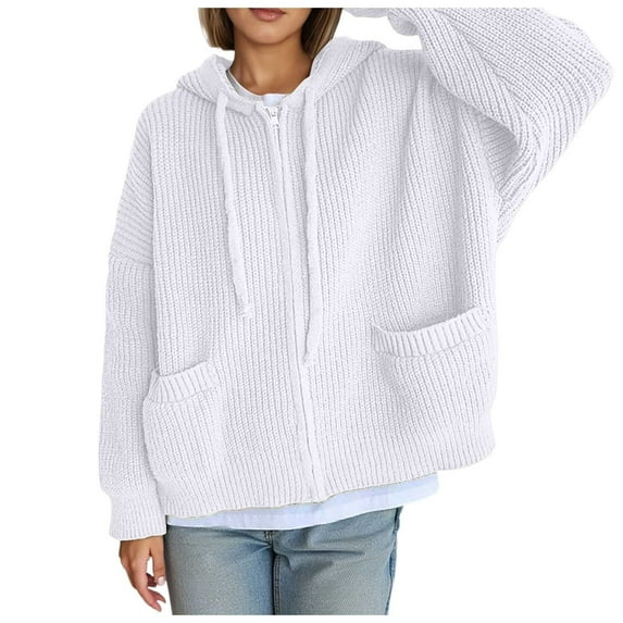 DuoJiaJ Cozy Oversized Hooded Cardigan Sweater Style Knit Coat For Autumn And Winter Fall Womens Clothes White L
