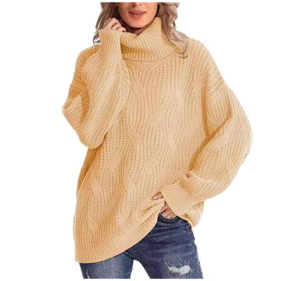 DuoJiaJ Cozy Women's Loose Knit Turtleneck Sweater Pullover Long Sleeve With Pattern Trendy Fall Fashion Women Beige L