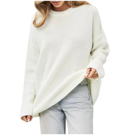DuoJiaJ Crewneck Sweater 2025 Autumn And Winter New Loose Solid Color Casual Inner Knitwear Crewneck Sweater Women White S