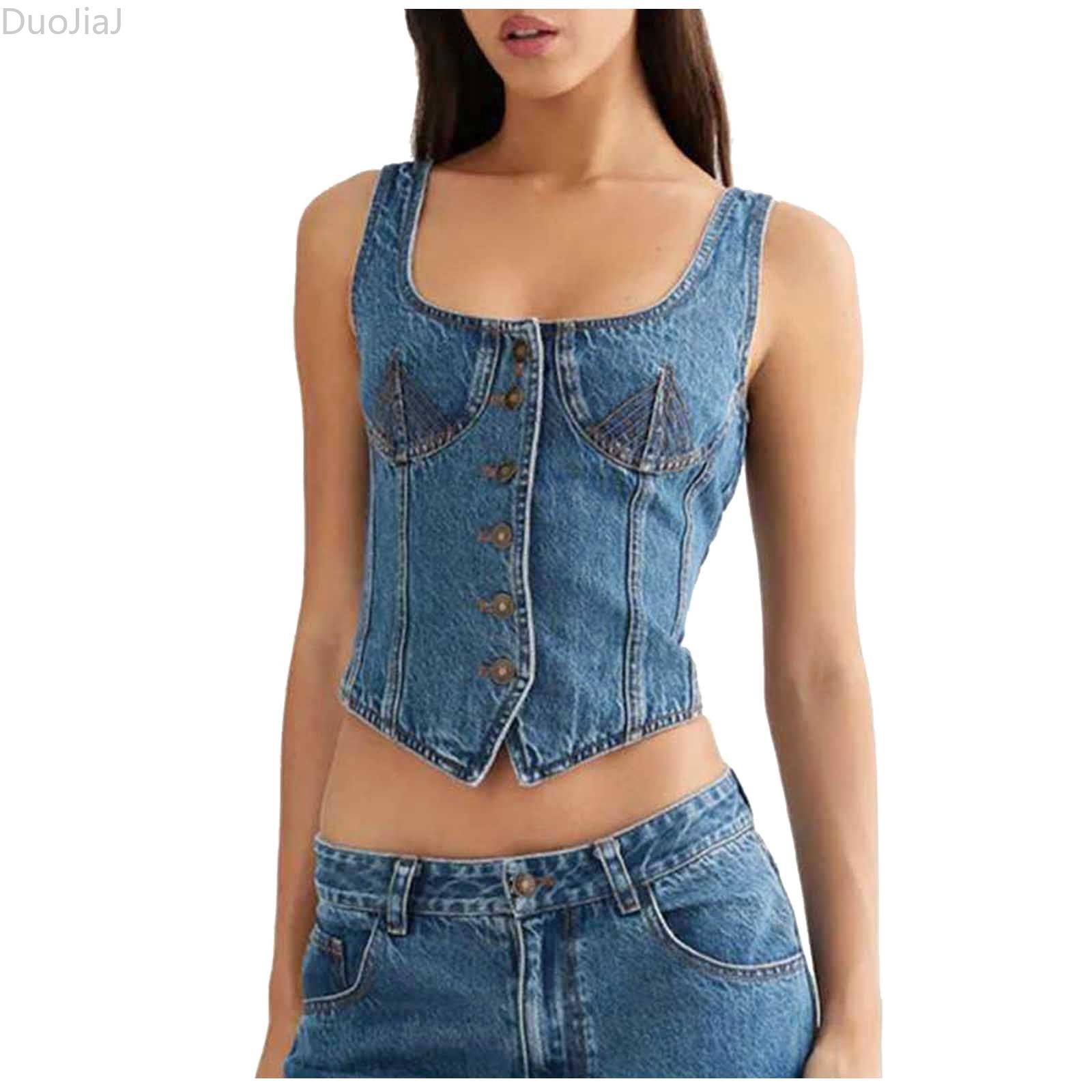 DuoJiaJ Cropped Vest For Women Denim Vest U Sleeveless Jean Tank Top — free download