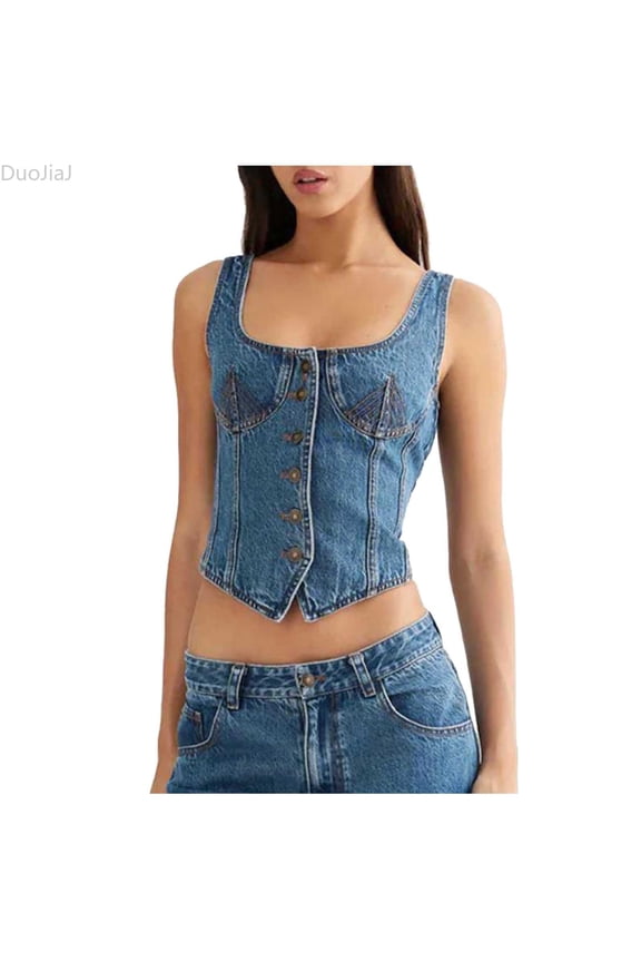 Cropped Vest For Women Denim Vest U Sleeveless Jean Tank Top Low Cut Tight Fit Fashion Vest Women's Fashion Vest Blue S