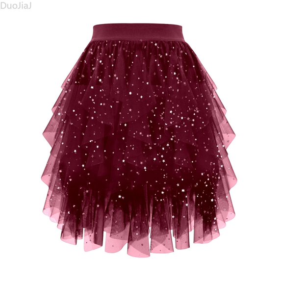 DuoJiaJ Elegant Sheer Layered Midi Skirt With Ruffled Hem For Lightweight Flowy Skirt For Casual Party And Wear Skirts For Women Red XL