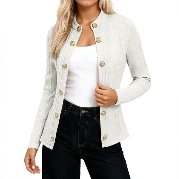 DuoJiaJ Elegant Stand Collar Long Sleeve Sweater Coat With Decorative Metal Buttons Slim Fit Outwear For Fall And Winter Fashion Womens Fall Sweater Pullover White M