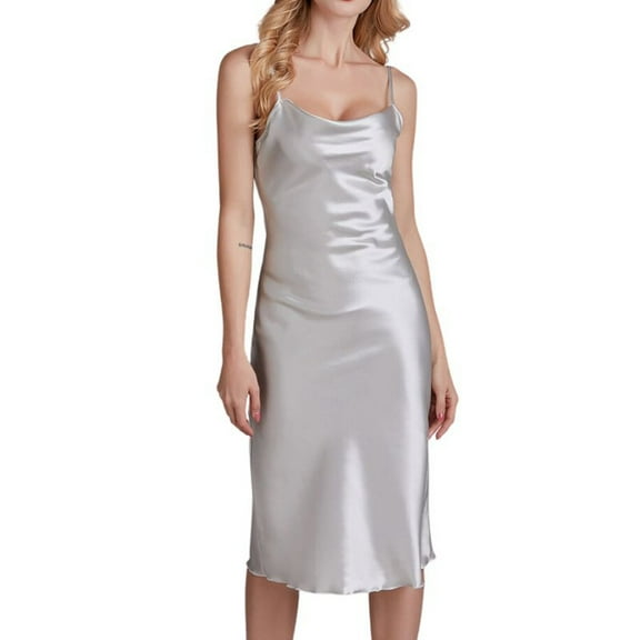 DuoJiaJ Elegant Thin Strap Silk Nightgown Sleepwear For Women Suitable For Summer And Outside Wear Plus Size Nightgowns Women Grey