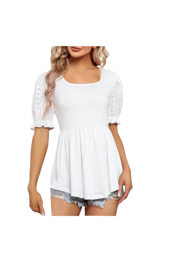 Elegant Women's Casual Puff Sleeve Shirt Square Flowy Ruffle Waist Blouse For Everyday Wear Women’s Crop Tops White