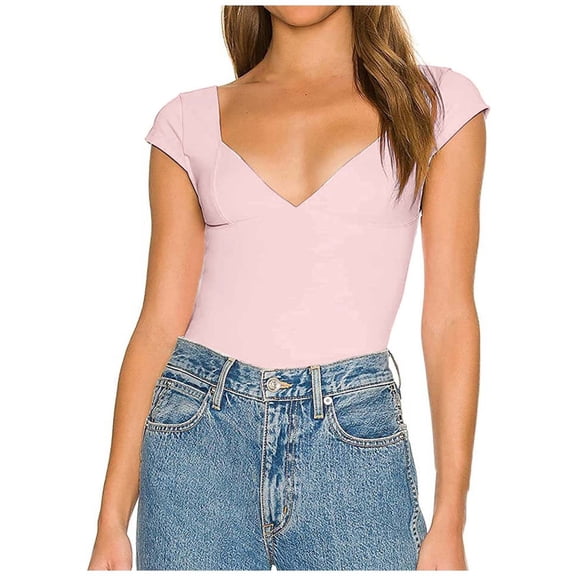 DuoJiaJ Elegant Women's V Neck T Shirt Solid Color Figure Hugging Casual Top Women’s Boho Flowy Summer Tops Pink