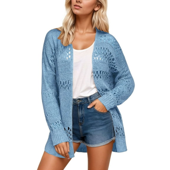 DuoJiaJ Fall Casual Long Sleeve Open Front Knit Sweater Cardigans Coat Outwear With Pockets Fall Womens Clothes Blue L