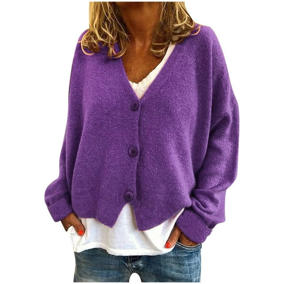 DuoJiaJ Fashion Women Solid V-Neck Buttons Casual Stretchy Knitted Sweater Cardigan Coat Plus Size Cardigan For Women Purple