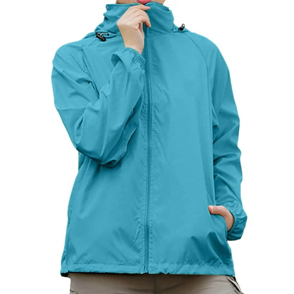 DuoJiaJ Female Casual Patchwork Outdoor Jackets Detachable Hooded Long Sleeve Zipper Slit Pocket Coat Womens Jacket Blue L
