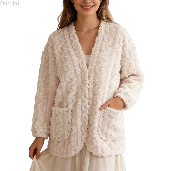 DuoJiaJ Fleece Robe Long Sleeve Open Front Kimono Cardigan Shawl Wrap Coat For Home Wear Womens Sleepwear White XL