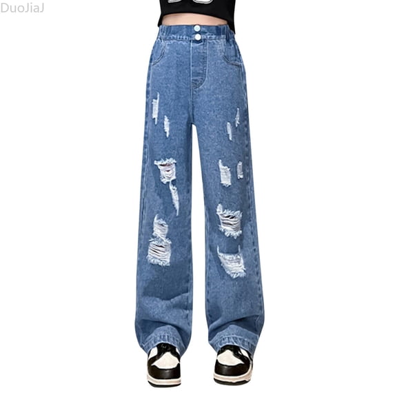 DuoJiaJ Girls' Fashionable Distressed Denim Jeans & Wide Leg Pants For Spring & Autumn Girls Jeans With Stretch Size 120.00,Blue