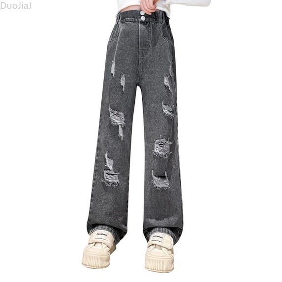 DuoJiaJ Girls' Fashionable Distressed Denim Jeans & Wide Leg Pants For Spring & Autumn Girls Jeans With Stretch Size 120.00,Gray