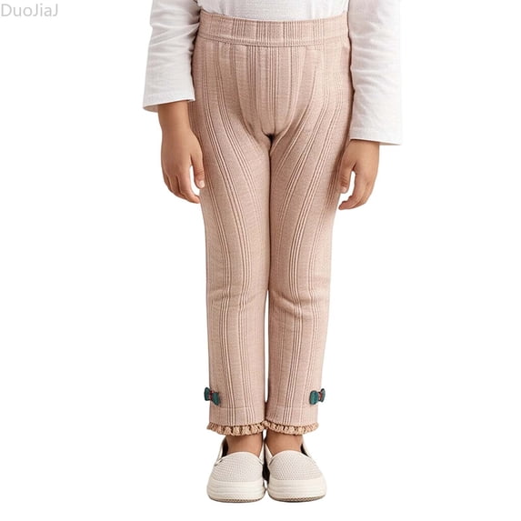 DuoJiaJ Girls High Waist Stretch Bow Lace Trim Leggings Soft Comfortable Everyday Wear Outfit Girls Wide Leg Pants Size 5-6 Years,Beige