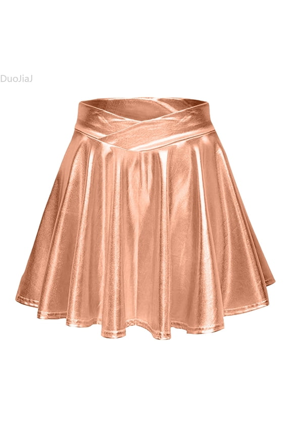 Girls Metallic Skater Skirt Sparkly Shiny Flared Pleated A-Line Mini Skort Gold S