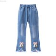 thumbnail image 1 of DuoJiaJ Girls Pearl Bow Embroidered Jeans Wide Leg Flare Denim Pants With Elastic Waist For Toddler Kids Girls Light Wash Jeans Size 9-10 Years,Blue, 1 of 5