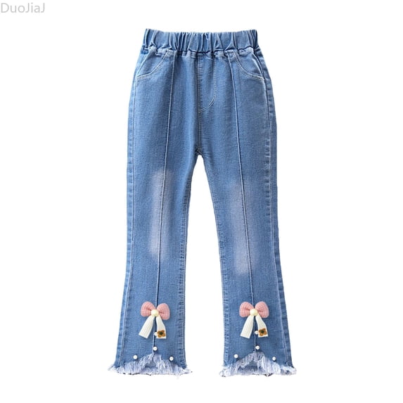 DuoJiaJ Girls Pearl Bow Embroidered Jeans Wide Leg Flare Denim Pants With Elastic Waist For Toddler Kids Girls Light Wash Jeans Size 9-10 Years,Blue