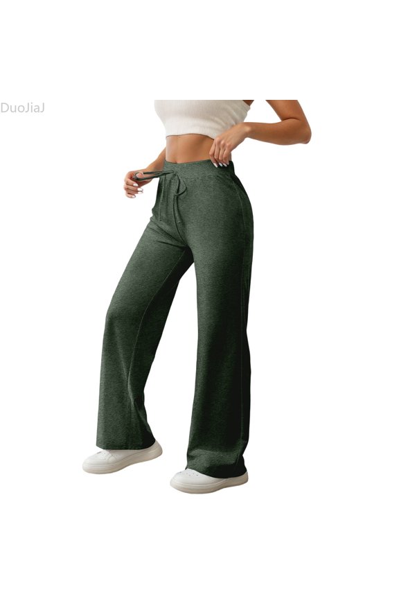 High Waist Casual Pants For With Drawstring Ties Flowy Wide Leg Comfort Trousers For Yoga Exercise And Daily Wear Women's Lounge Pants Green L