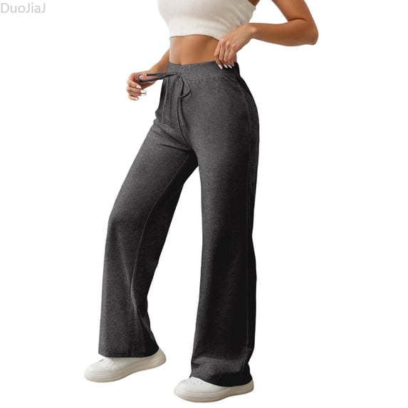 DuoJiaJ High Waist Casual Pants For With Drawstring Ties Flowy Wide Leg Comfort Trousers For Yoga Exercise And Daily Wear Women's Lounge Pants Gray L