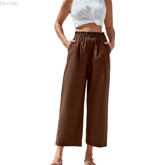 DuoJiaJ High Waist Casual Pants For Straight Leg Cropped Trousers With Elastic Scalloped Hem Comfortable Linen Blend Fabric Women's Lounge Pants Brown XXL