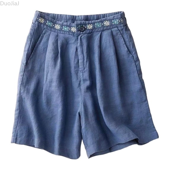 DuoJiaJ High Waist Embroidered Loose Fit Straight Leg Mid Thigh Shorts Casual Bohemian Style Blend Women Shorts Blue M
