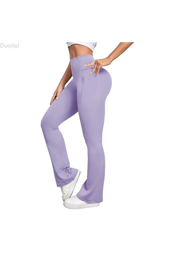 High Waist Flare Leggings For Butt Lifting Yoga Pants With Pockets Comfortable Athletic Workout Casual Wear Women's Lounge Pants Purple S