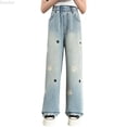 thumbnail image 1 of DuoJiaJ Kids Girls Jeans Distressed Elastic Waist Baggy Denim Wide Leg Pants Trousers Girls Light Wash Jeans Size 4-5 Years,Blue, 1 of 5