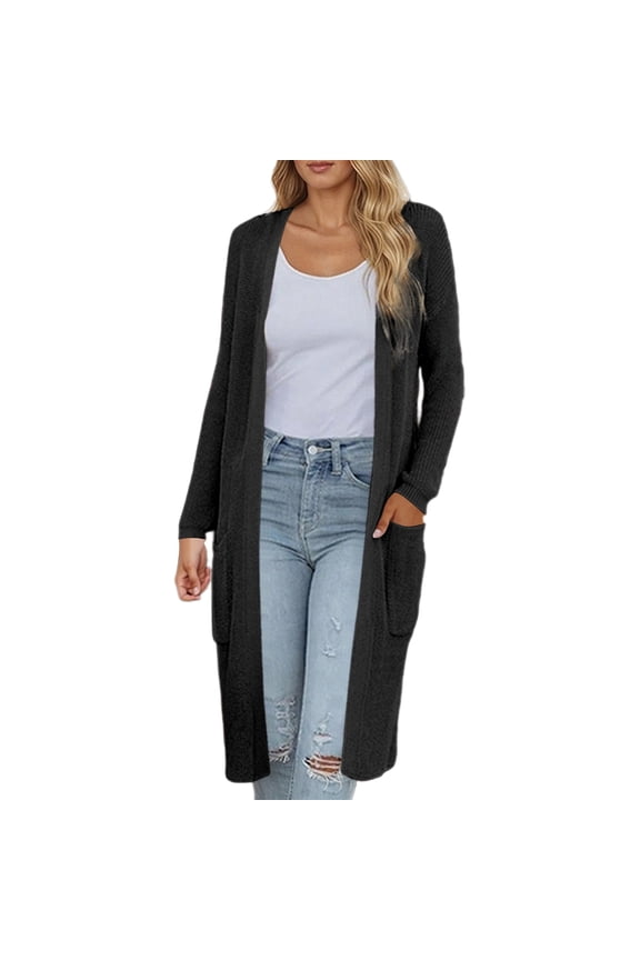 Knit Cardigan Long Sleeve Sweater Coat With Pockets For Autumn Winter Stylish And Comfortable Outerwear For Casual Wear Sweater Women Black L