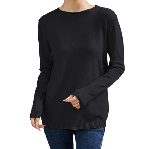 DuoJiaJ Knit Pullover Sweater Casual Loose Fit Ribbed Long Sleeve Top Soft Comfortable Round Neck Basic Tunic Blouse For Fall Winter Womens Fall Sweater Pullover Black L