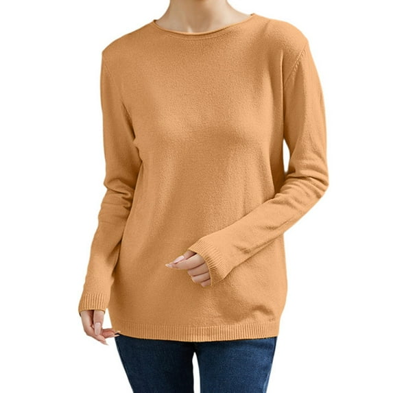 DuoJiaJ Knit Pullover Sweater Casual Loose Fit Ribbed Long Sleeve Top Soft Comfortable Round Neck Basic Tunic Blouse For Fall Winter Womens Fall Sweater Pullover Gold M