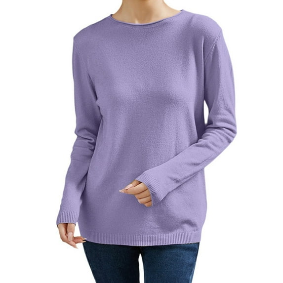 DuoJiaJ Knit Pullover Sweater Casual Loose Fit Ribbed Long Sleeve Top Soft Comfortable Round Neck Basic Tunic Blouse For Fall Winter Womens Fall Sweater Pullover Purple M