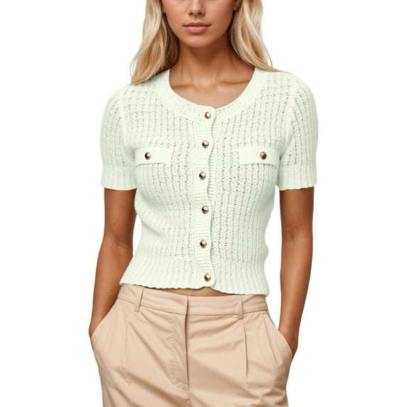 DuoJiaJ Knitted Button Front Cardigan Short Sleeve Open Front Sweater Coat With Metallic Buttons And Round Neck For Casual Wear Womens Blouses Long Sleeve White S