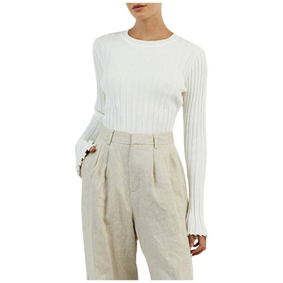 DuoJiaJ Knitted Long Sleeve Ribbed Crew Neck Top For Women Solid Color Tight Fit Base Layer Sweater Oversized Sweaters For Women White XXXL