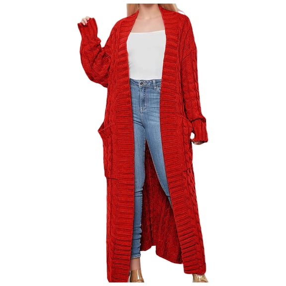 DuoJiaJ Knitted Sweater Coat Long Cardigan Warm Winter Fashion Outerwear Casual Oversized Button Front Pocket Detail Women's Lightweight Sweater Red M